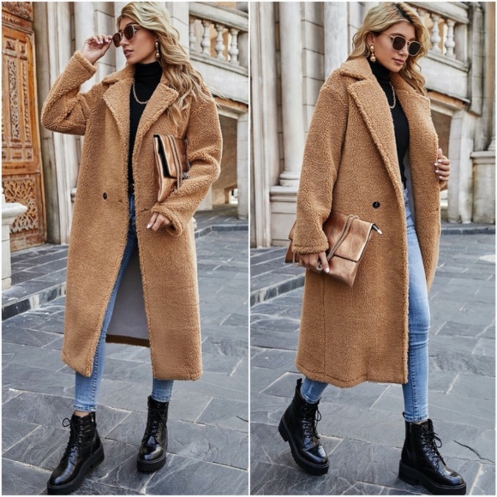 Camel wide collar teddy button trench Coat Jacket